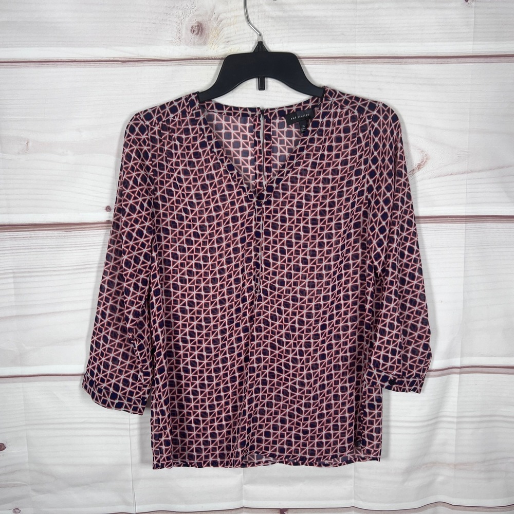 The Limited Blouse Womens XS Navy Blue Red Geometric Print 3/4 Sleeve V-Neck Top